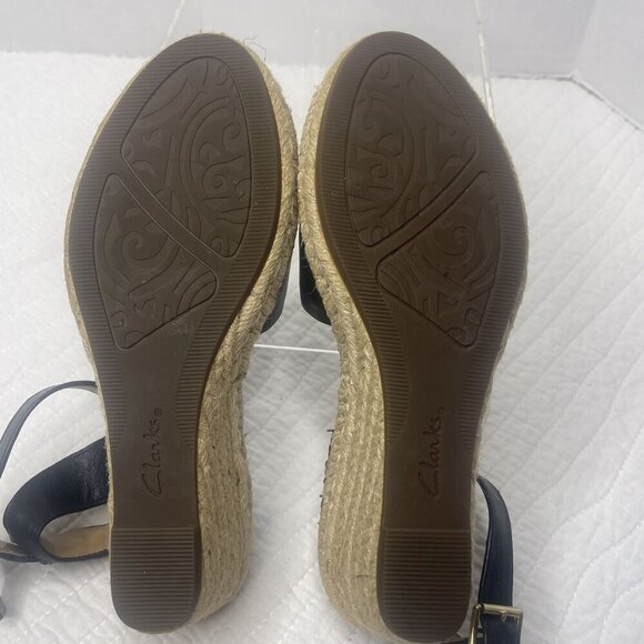 Clarks Black Leather Petrina Selma Ankle Strap Wedge Open Toe Sandal 8M - Picture 7 of 10